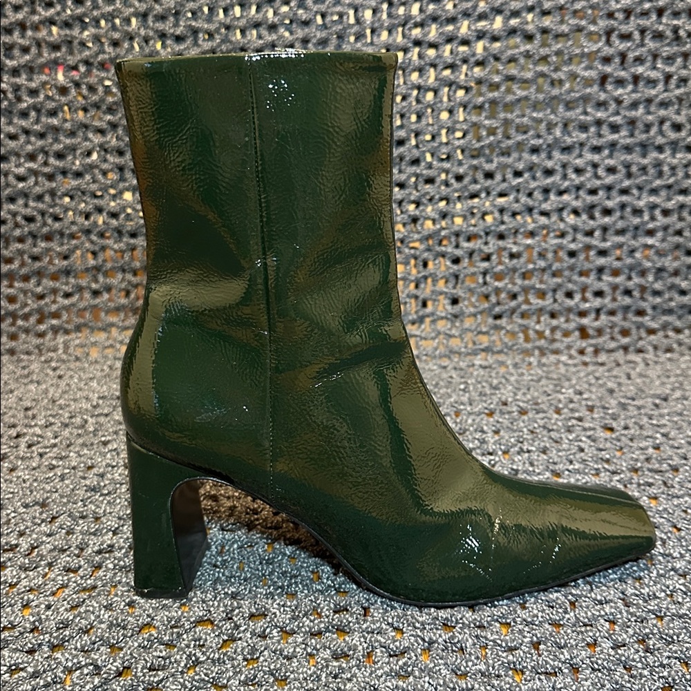 Zara Glossy Green Square Heeled Ankle Boots - Picture 2 of 10